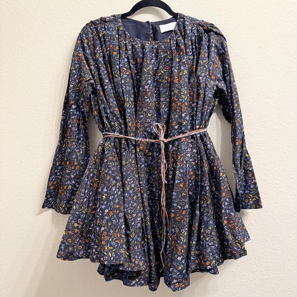 Elliette Tate Floral Silk‎ Mini Dress Womens 4 Navy Blue Rope Belted Bloomcore